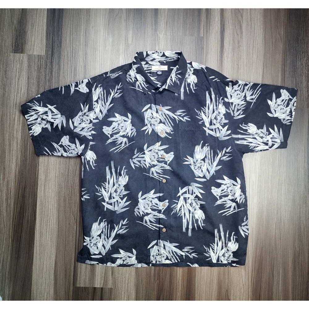 Tommy Bahama Mens XL Black Tropical Short Sleeve Button Down 100% Silk Shirt